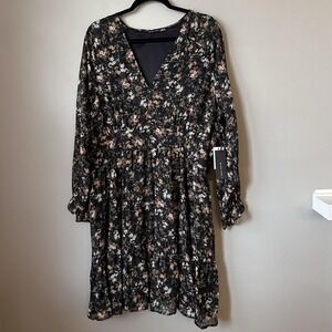 Black Tape Dress 2X Black Garden Floral Chiffon Fit Flare Long Sleeve‎ Fairy